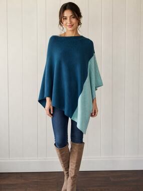 Forte Women's Colorblocked Asymetrical 100% Cashmere Poncho Aqua One Size